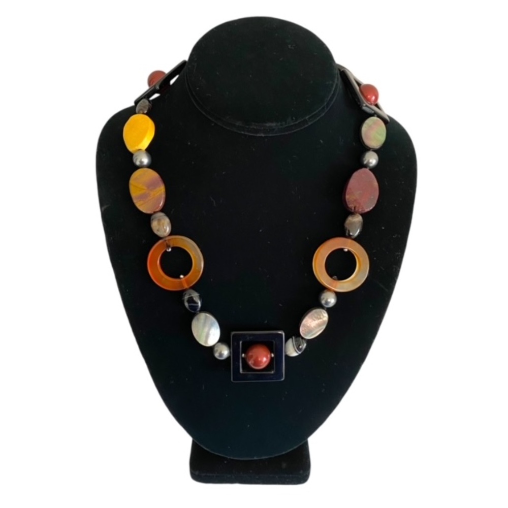 Vintage Sterling Silver Mixed Gemstones Statement Necklace